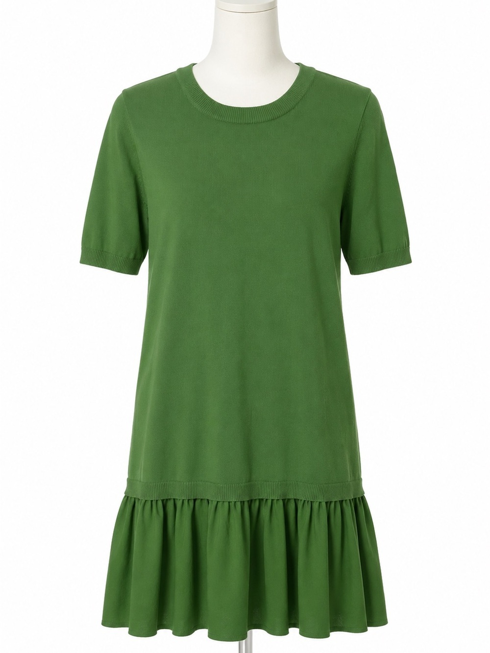 COS Green Short-Sleeve Paneled Cotton Knit Midi Dress with Ruffle Hem.Size- L